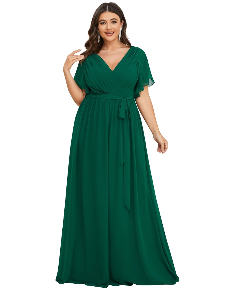 Front of a model wearing a size 22 A-Line Pleated Chiffon Tie-Waist Evening Dress in Dark Green by Ever-Pretty. | dia_product_style_image_id:301756